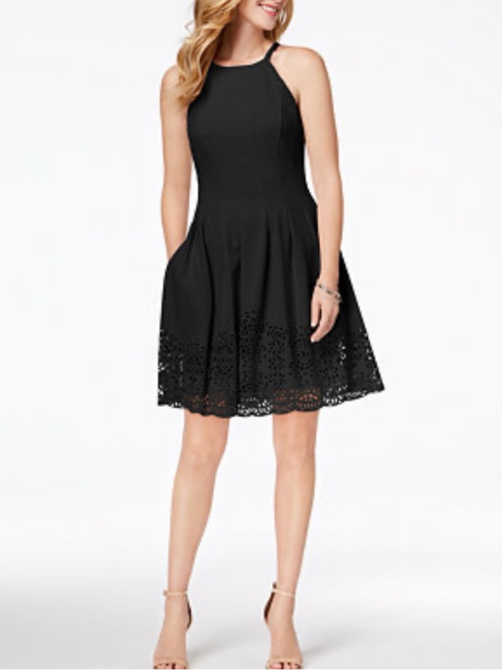 Vince Camuto Black Halter Fit-and-Flare Dress with Eyelet Hem